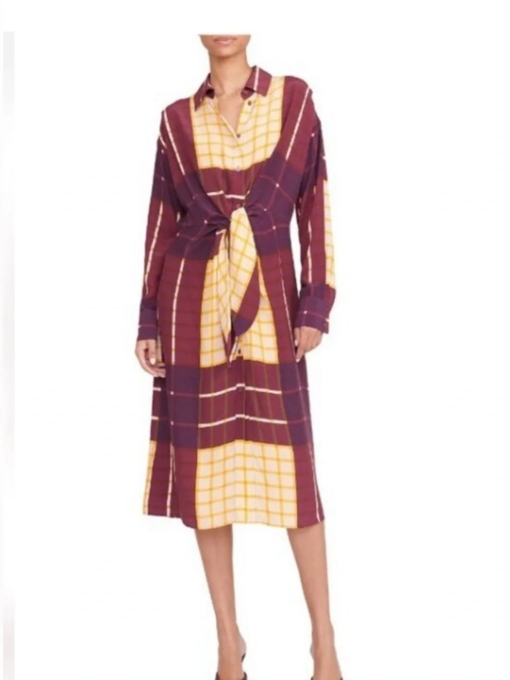 Staud Eclectic Prep Burgundy Mustard Plaid TieFront Midi Dress Dark Academia - Picture 1 of 7